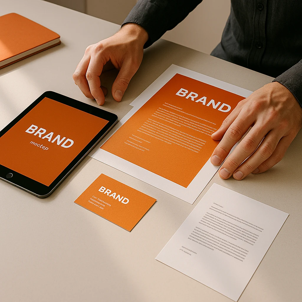Supports de marque orange avec tablette et cartes imprimées