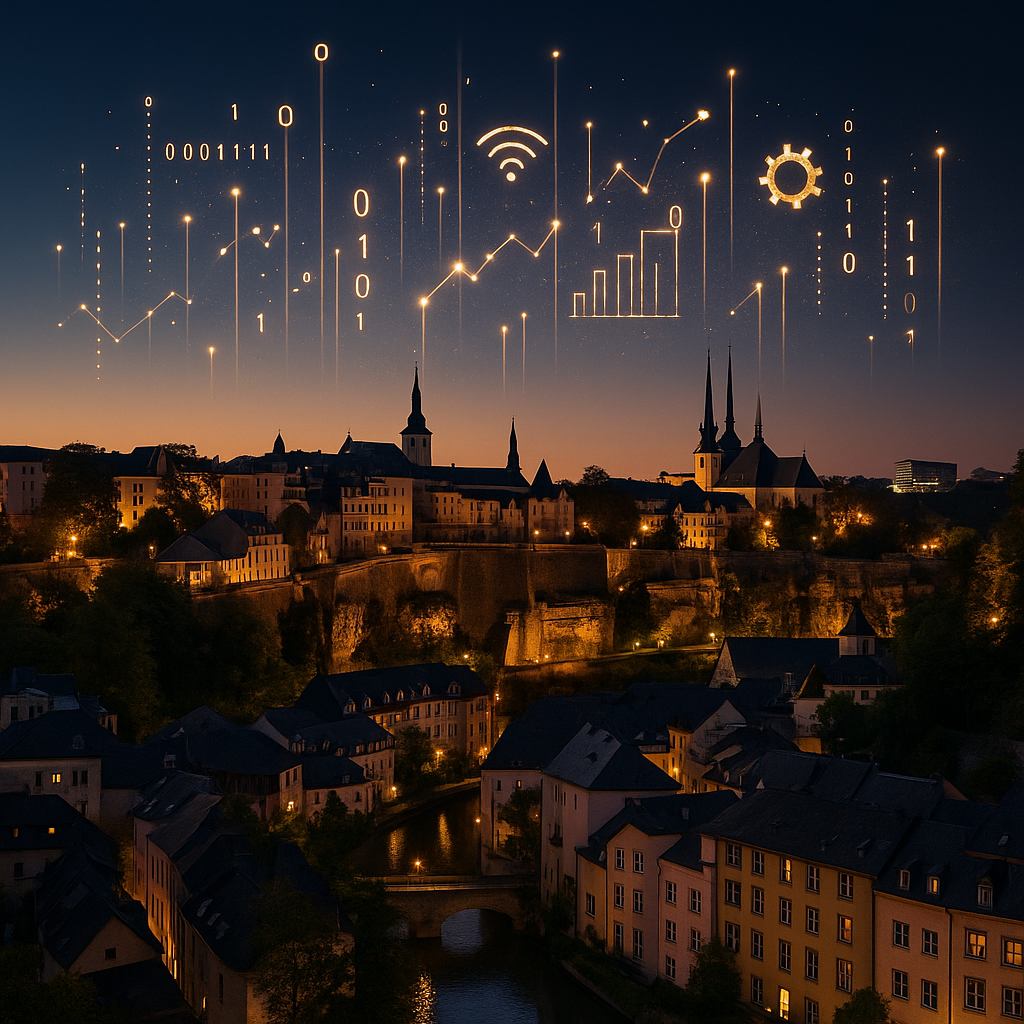 Luxembourg de nuit avec symboles digitaux dans le ciel