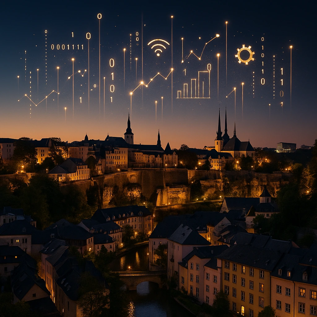 Luxembourg de nuit avec symboles digitaux dans le ciel