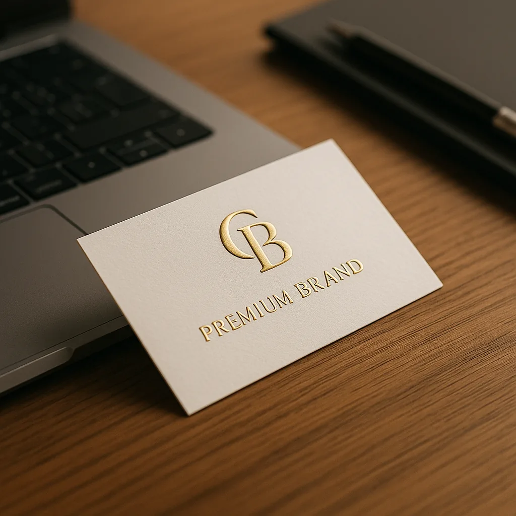 Carte de visite premium avec logo doré sur bureau