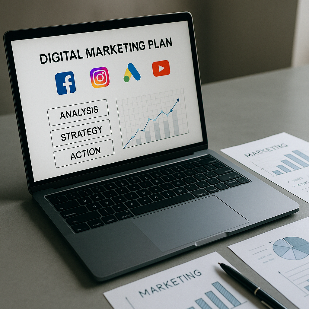 Plan marketing digital avec réseaux sociaux et graphique de croissance
