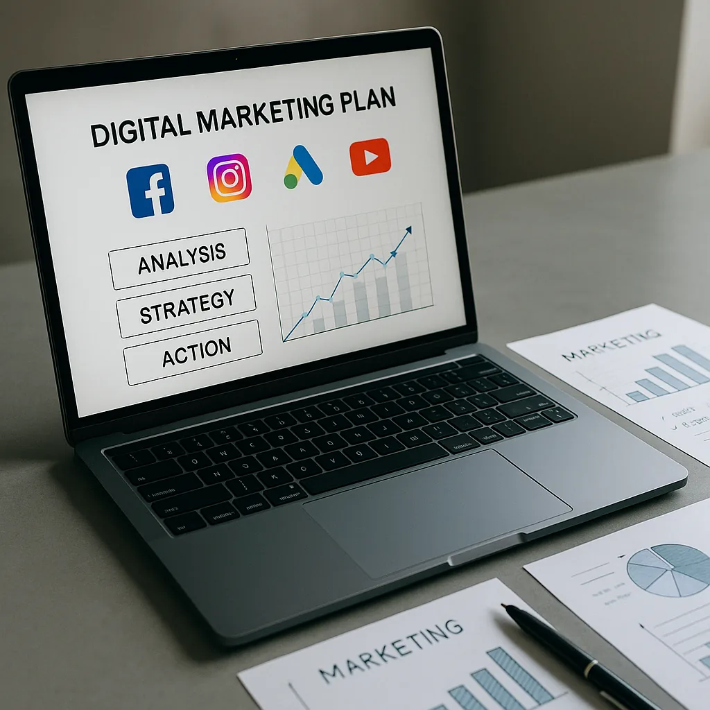 Plan marketing digital avec réseaux sociaux et graphique de croissance